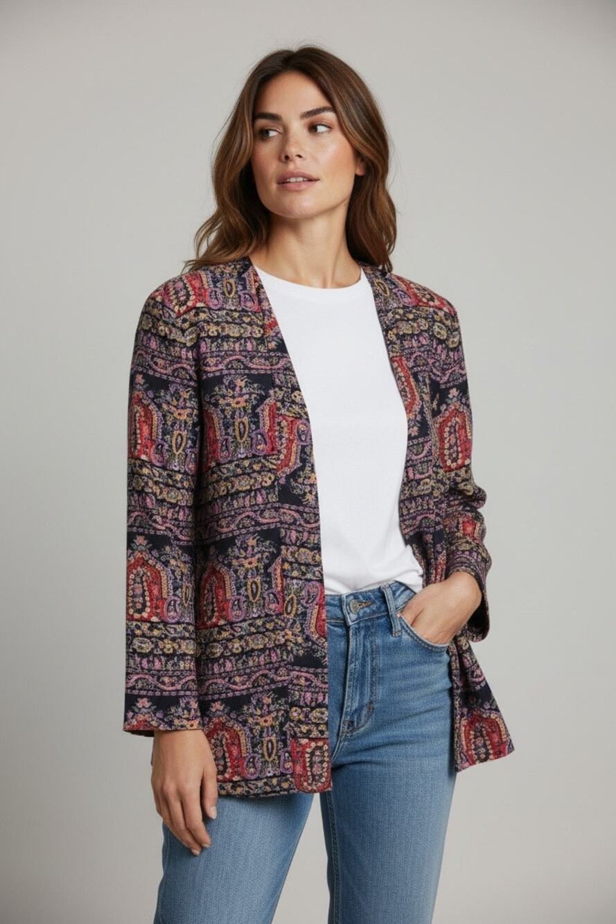 Maggy London VTG 100% Silk paisley-patterned open Front Art deco Blazer Sz.4